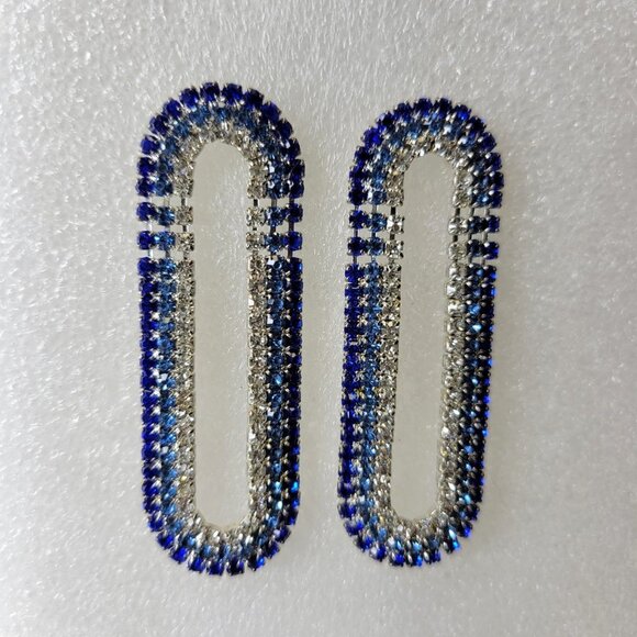 Blue Rhinestones Drop Long Rectangular Earrings - Picture 4 of 7
